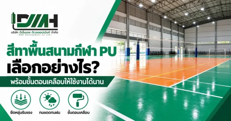 สีทาพื้นสนามกีฬา PU เลือกอย่างไร ภาพโรงยิมในร่มพื้น PU สีเขียวสลับส้มที่มีเส้นแบดมินตันและวอลเลย์บอล