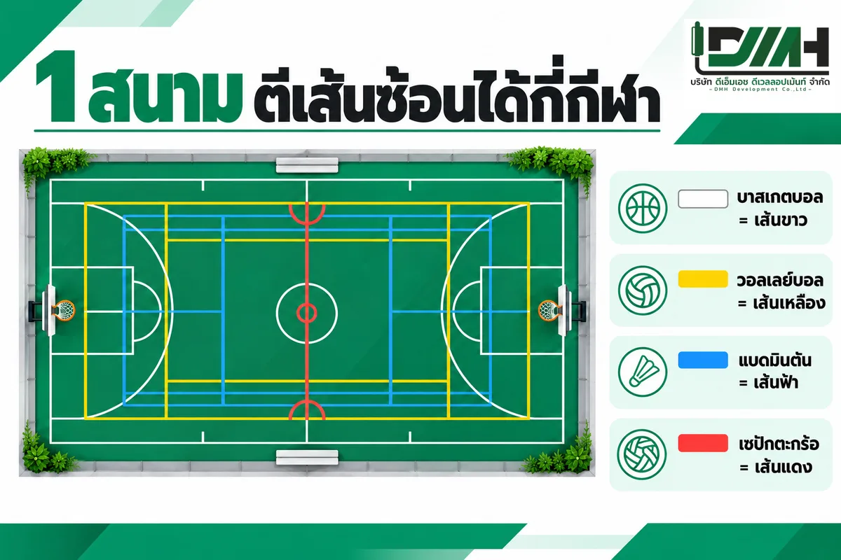 ภาพอธิบายสนามอเนกประสงค์ตีเส้นซ้อนหลายกีฬา บาสเกตบอลเส้นขาว วอลเลย์บอลเส้นเหลือง แบดมินตันเส้นฟ้า เซปักตะกร้อเส้นแดง
