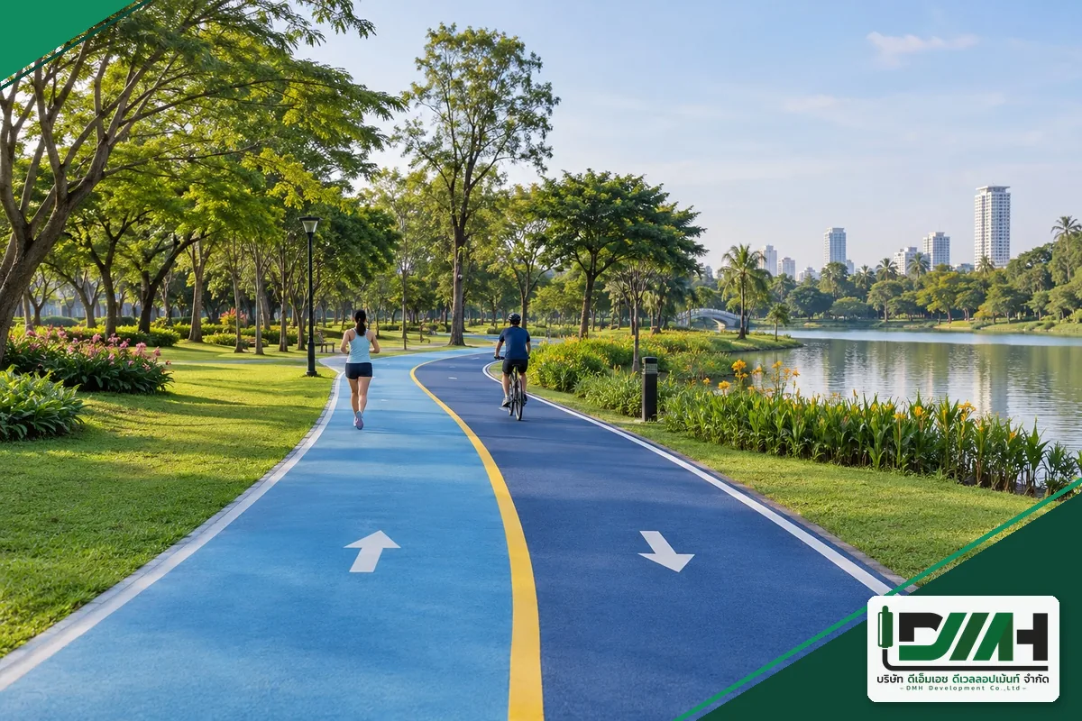 ทางในสวนสาธารณะแบ่งเลนวิ่งสีฟ้าอ่อนและเลนจักรยานสีน้ำเงิน มีเส้นกลางสีเหลืองและเส้นขอบสีขาว